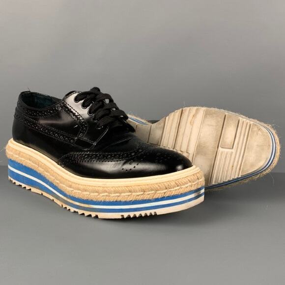 PRADA Size 6.5 Black White Blue Perforated Wingtip Shoes - Picture 3 of 8